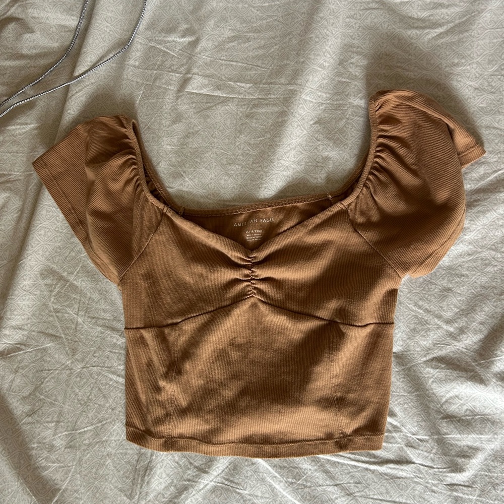 Brown Puff Sleeve Crop Top